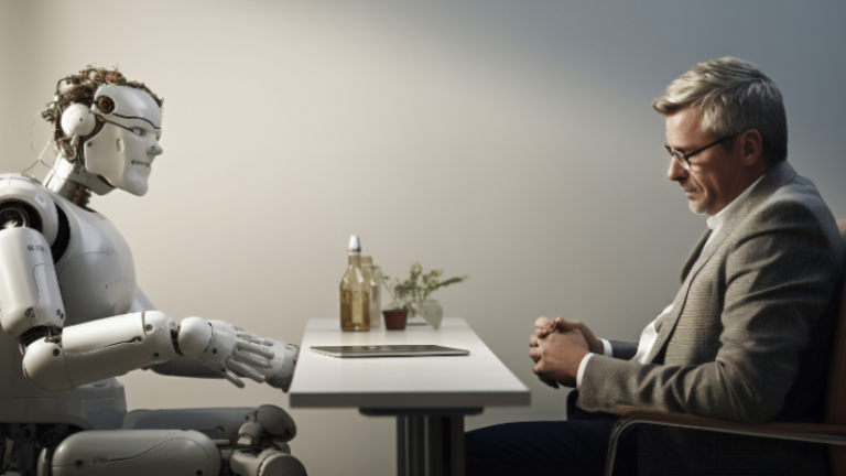 An AI robot acting as a therapist for an old man wearing spectacles, seeking relationship advice.