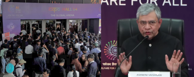 Indian IT Minister Ashwini Vaishnaw and a picture of overcrowding at the Day 1 of AI Impact Summit 2026 in New Delhi India