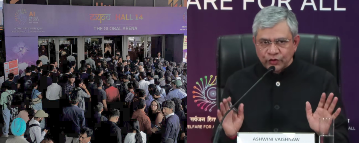 Indian IT Minister Ashwini Vaishnaw and a picture of overcrowding at the Day 1 of AI Impact Summit 2026 in New Delhi India