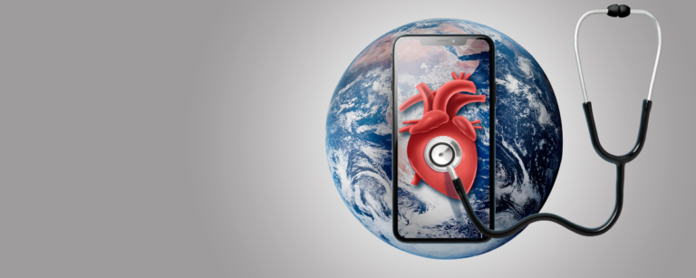 Picture of a stethoscope over a phone showing heart picture over a globe.