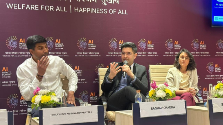 Indian Parliamentarian Raghav Chadha (in center) speaking at the India AI Impact Summit 2026 on February 16, 2026