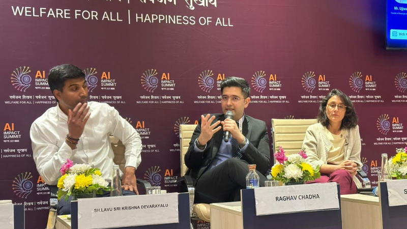 Indian Parliamentarian Raghav Chadha (in center) speaking at the India AI Impact Summit 2026 on February 16, 2026