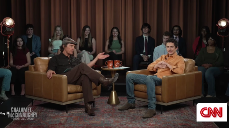 Hollywood actors Matthew McConaughey and Timothée Chalamet at the CNN and Variety Town Hall event. You tube Garb courtesy CNN