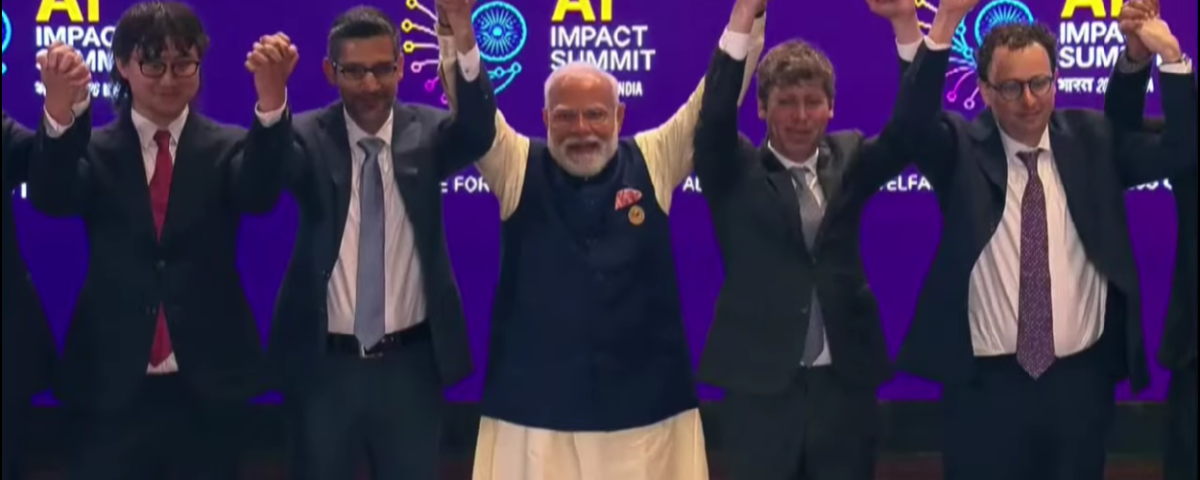 Indian Prime Minister Narendra Modi along with tech leaders at the AI Impact Summit 2026 in New Delhi