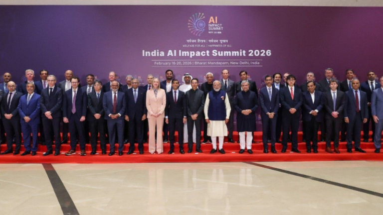 World leaders, tech giants and policy experts of AI with Indian Prime Minister Narendra Modi at the AI Impact Summit 20926 in New Delhi.