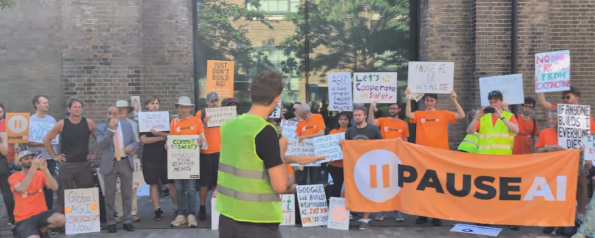 A protest by PauseAI organization against unethical AI practice by AI companies