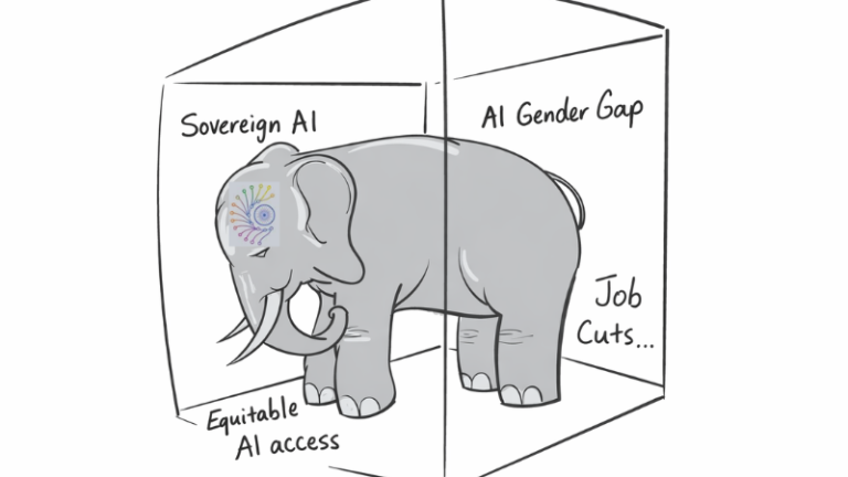 Illustration of the phrase 'elephant in the room' with AI sector related issues scribbled on the walls.