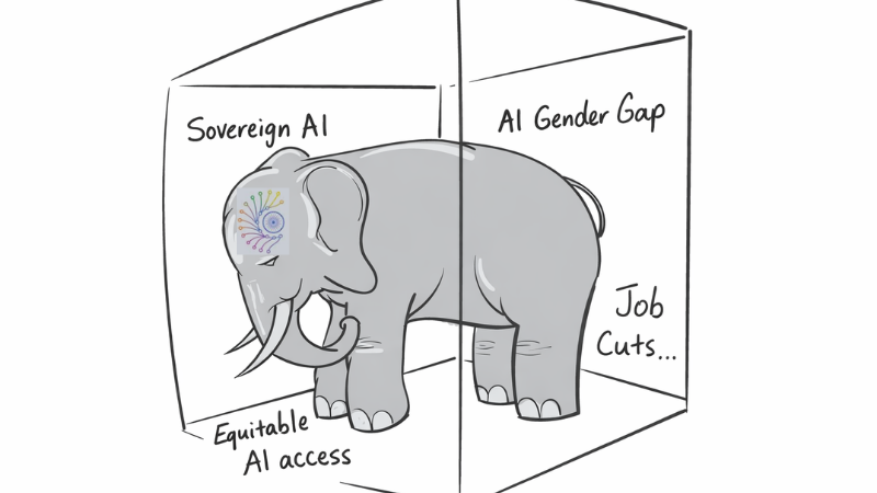Illustration of the phrase 'elephant in the room' with AI sector related issues scribbled on the walls.