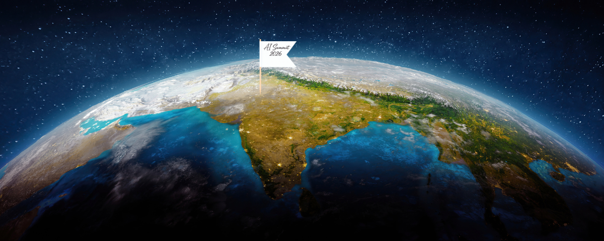 Global map of India with a flag of AI Summit 2026 over it.