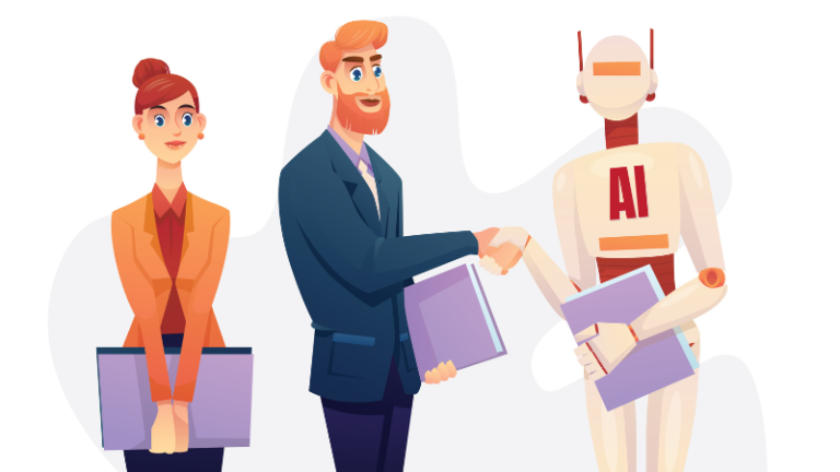 Young working professionals shaking hands with a robo humanoid resembling artificial intelligence.