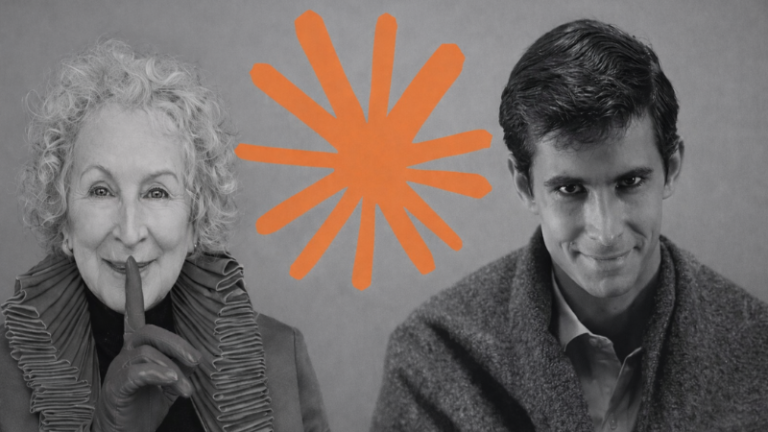 Canadian novelist Margaret Atwood, logo of Claude AI and Anthony Perkins from Psycho.