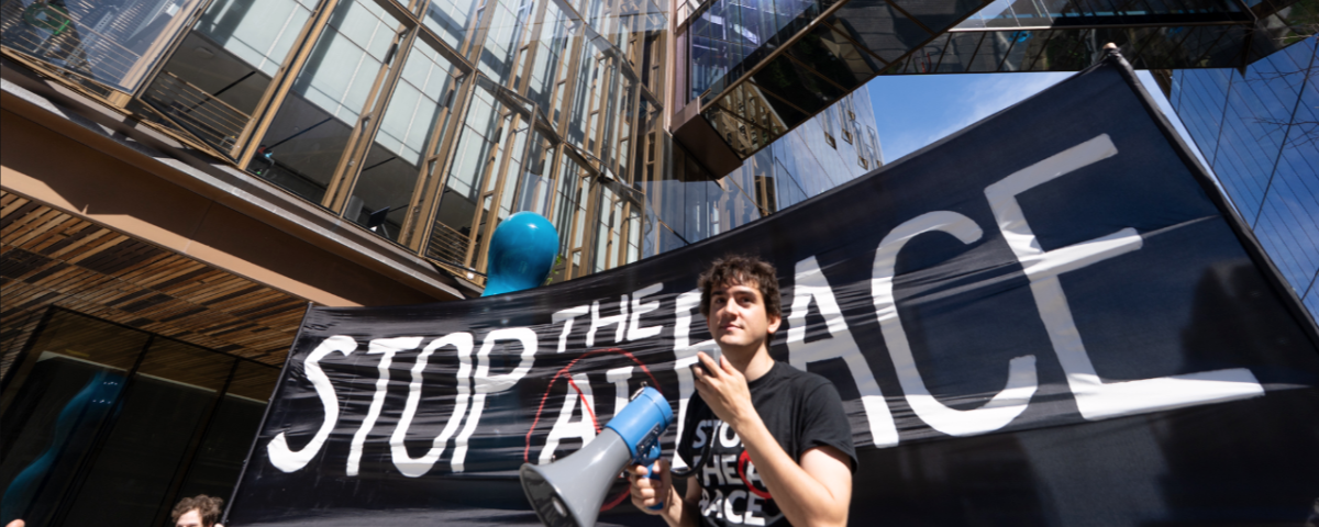 French filmmaker Michael Trazzi at Stop the AI race protest in San Francisco,.