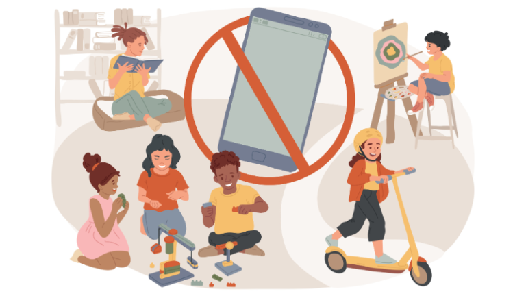 Illustration of children playing with ban on social media and AI chatbots