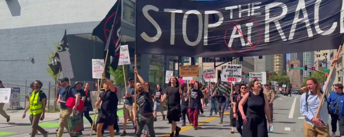 Hundreds of protestors marching to the offices of OpenAI, Anthropic and xAI in San Francisco