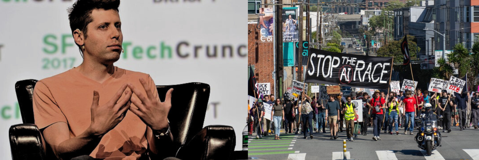 picture of Stop The AI Race demonstration in San Francisco and Sam Altman, CEO of OpenAI