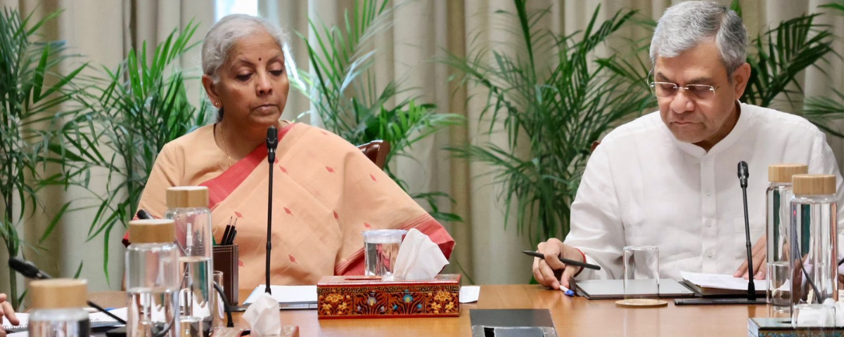 India's Finance Minister Nirmala Sitharaman and IT Minister Ashwini Vaishnaw in a meet with Banks on Claude Mythos Model in New Delhi on April 23, 2026