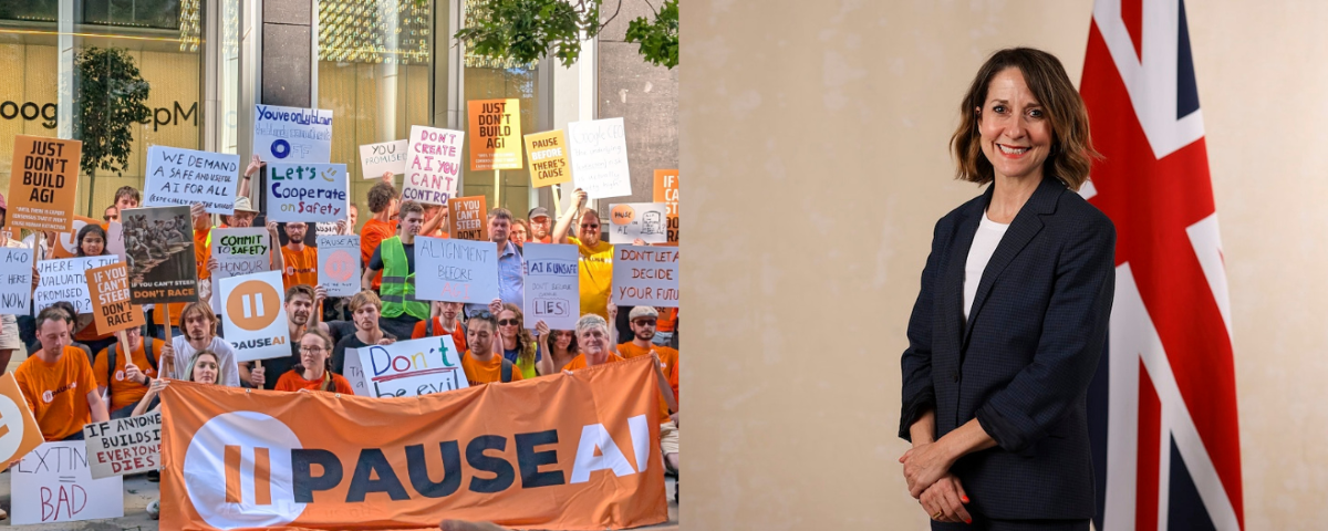 Pictures of PauseAI protestors in London and UK Secretary of Science, Innovation and Technology Liz Kendell