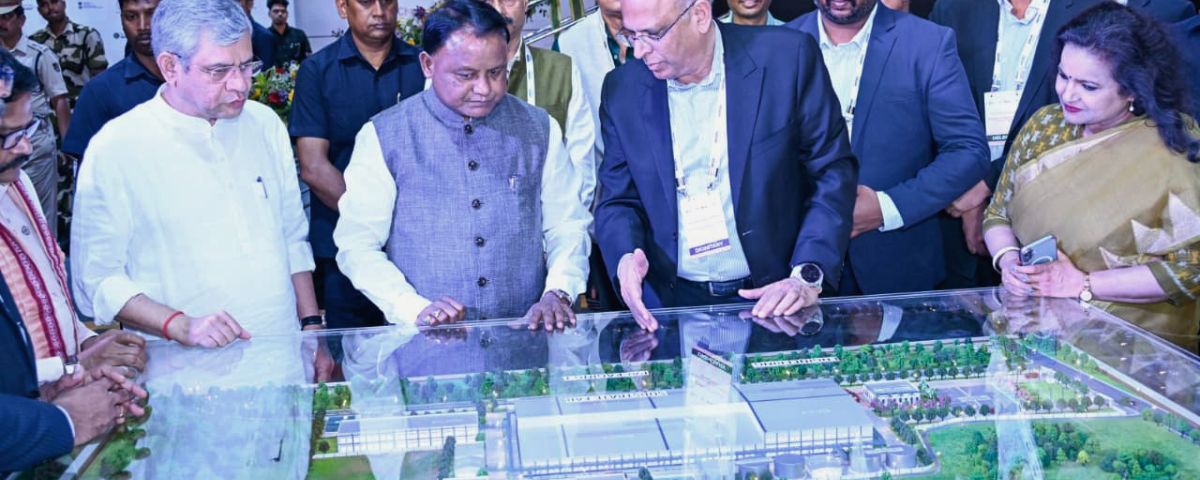 Union IT Minister Ashwini Vaishnaw and officials inspect the model of India’s first advanced 3D chip packaging facility during the foundation stone ceremony in Bhubaneswar on Monday.