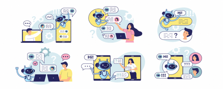Digital illustration showing people interacting with AI chatbots, robots, and automated response systems across multiple conversation interfaces.