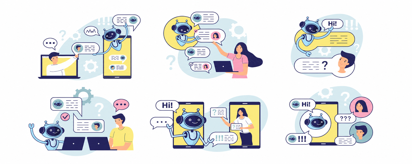 Digital illustration showing people interacting with AI chatbots, robots, and automated response systems across multiple conversation interfaces.