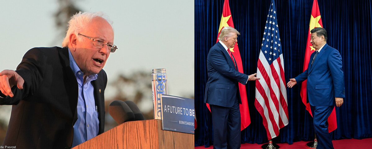 Composite image of Senator Bernie Sanders speaking at a podium and US President Donald Trump shaking hands with Chinese President Xi Jinping in front of US and Chinese flags