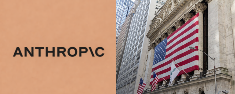 Anthropic logo on a peach background alongside the New York Stock Exchange building draped with the American flag, illustrating Anthropic's joint venture with Wall Street firms.
