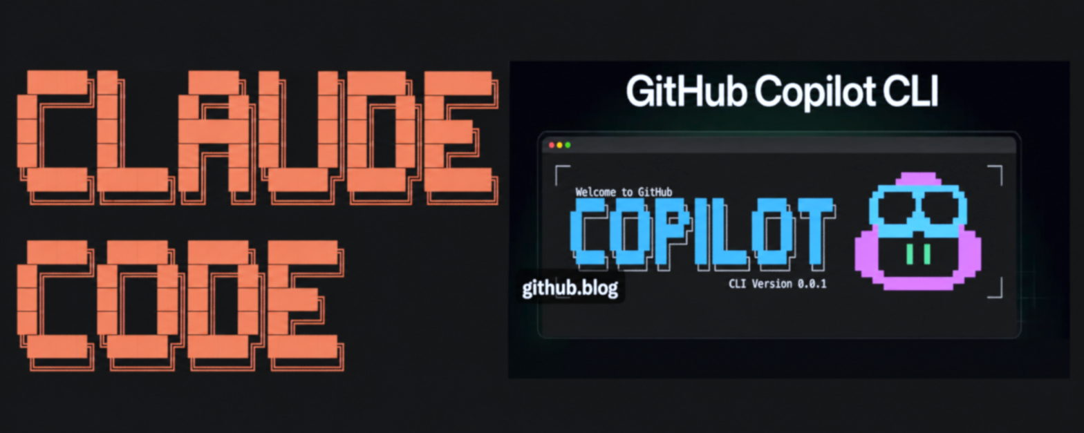 Claude Code logo artwork on the left and a GitHub Copilot CLI interface graphic on the right