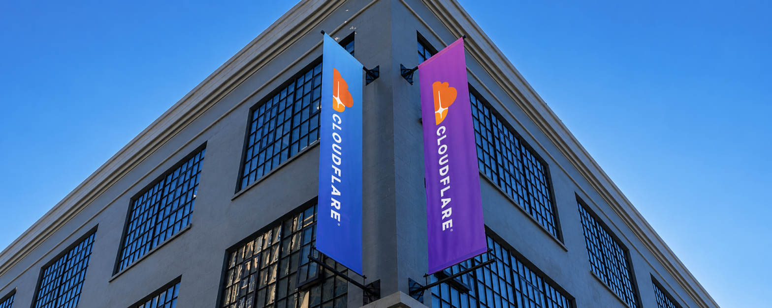 Exterior of Cloudflare's San Francisco headquarters building at 101 Townsend Street, a multi-story commercial building with the Cloudflare logo visible.
