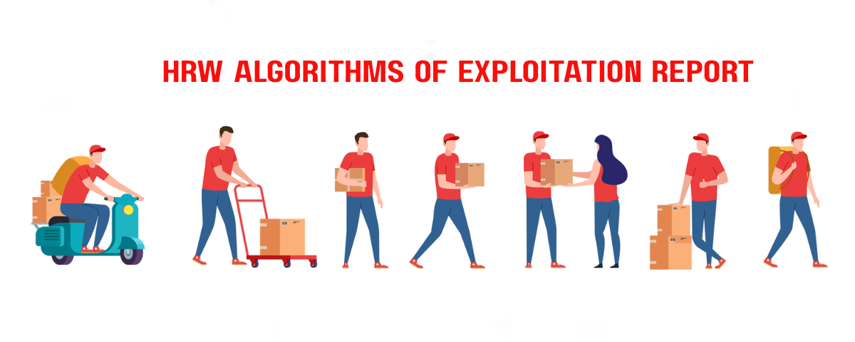 Illustration of delivery workers in red uniforms carrying parcels, riding a scooter, and pushing a hand trolley, accompanying a report on algorithmic exploitation of gig workers.