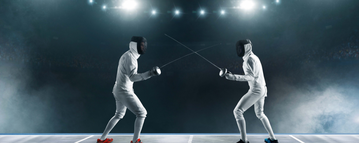 Two fencers in a duel, illustrating AI's dual role as both threat and opportunity in cybersecurity.
