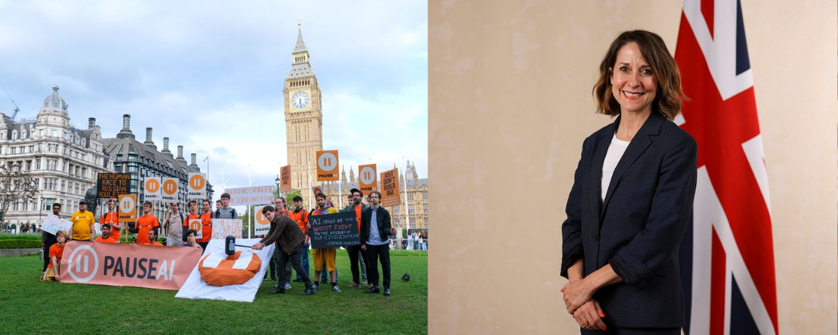 Protesters holding PauseAI signs near Big Ben in London alongside a portrait of UK Technology Secretary Liz Kendall.