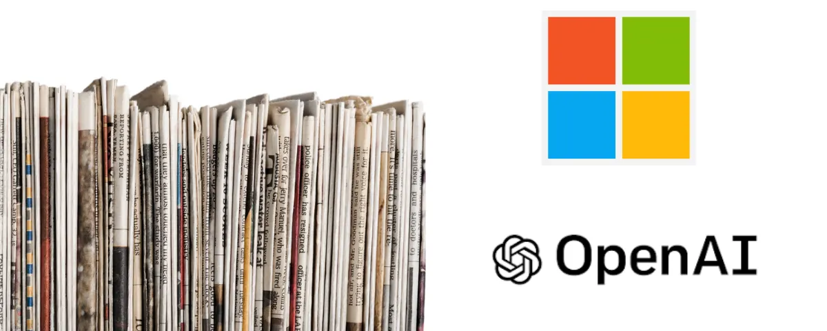pictorial representation of newspapers for news publishing groups and logos of openai and Microsoft
