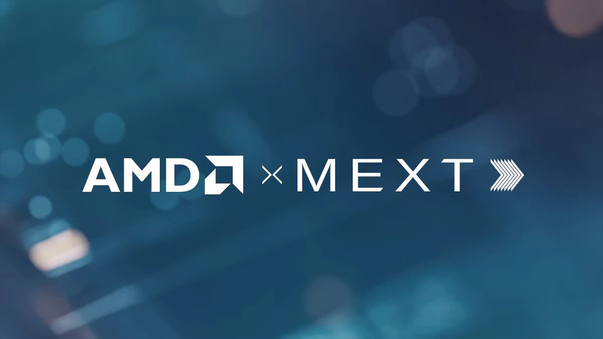 AMD and MEXT logos displayed on a blue technology-themed background announcing the acquisition.