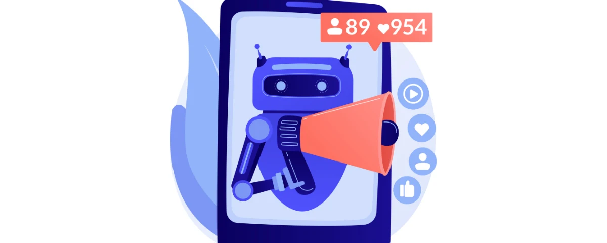 Illustration of a blue robot holding a megaphone emerging from a smartphone screen, surrounded by social media like and follower notification icons, representing AI-driven social media manipulation.