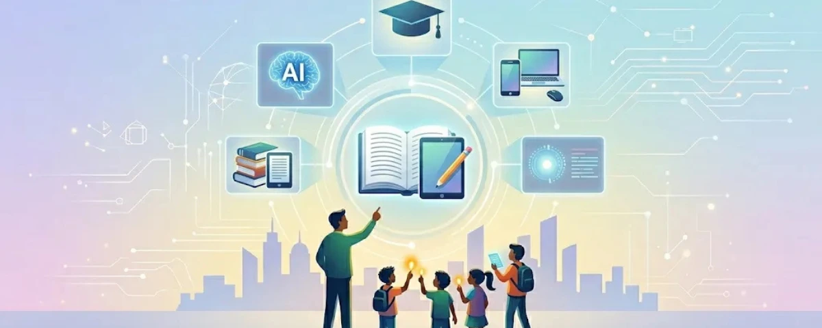 Illustration showing a teacher and students interacting with AI, digital devices, and educational technology icons.