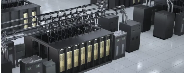 Overhead liquid cooling pipes and manifolds feeding rows of server racks in a data centre, illustrating NVIDIA liquid cooling architecture.