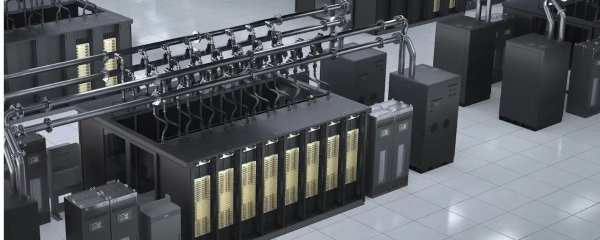 Overhead liquid cooling pipes and manifolds feeding rows of server racks in a data centre, illustrating NVIDIA liquid cooling architecture.