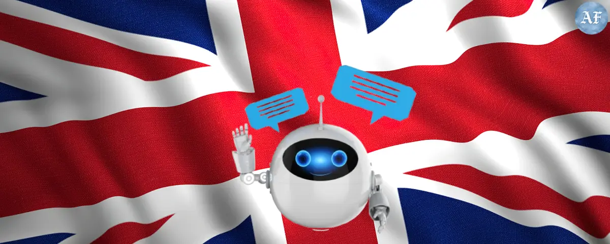 representative picture of AI chatbot and background UK Flag