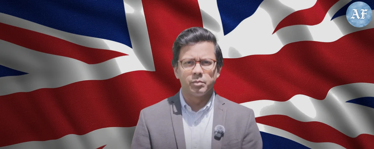 U.K AI Minister Kanishka Narayan set against backdrop of British flag and logo of AI FrontPage