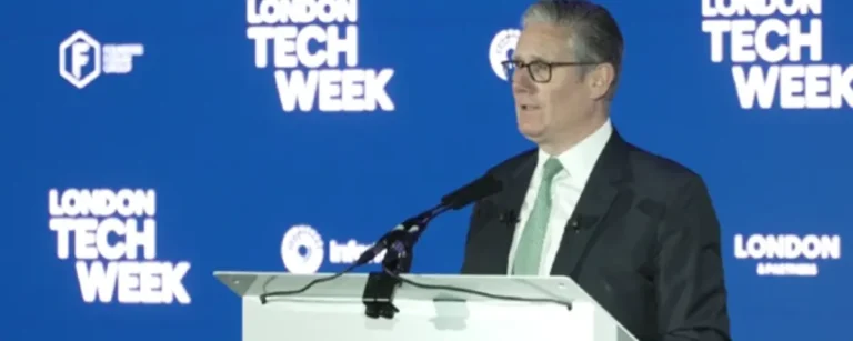 UK Prime Minister Keir Starmer speaking at London Tech Week while announcing AI investments, workforce training initiatives and child safety measures on June 8, 2026