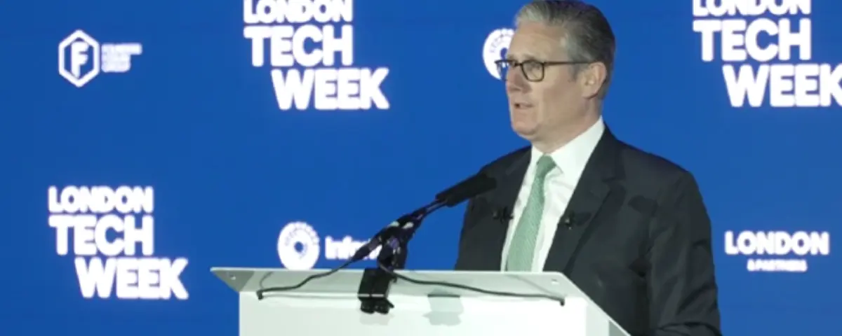 UK Prime Minister Keir Starmer speaking at London Tech Week while announcing AI investments, workforce training initiatives and child safety measures on June 8, 2026