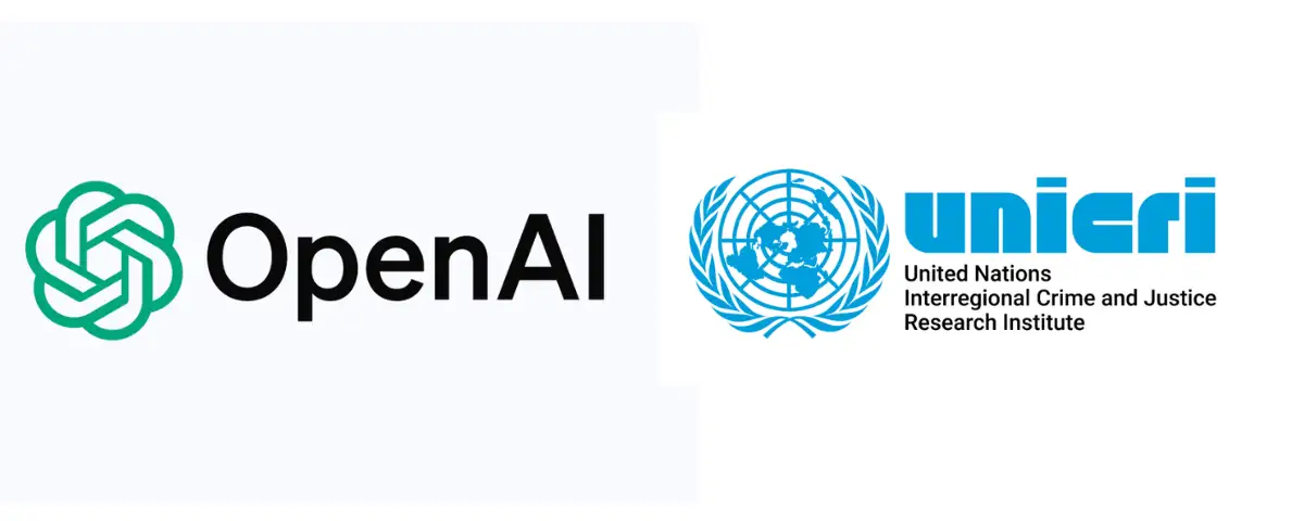 OpenAI and UNICRI logos side by side, marking OpenAI's grant for UNICRI's teacher AI literacy project across the EMEA region