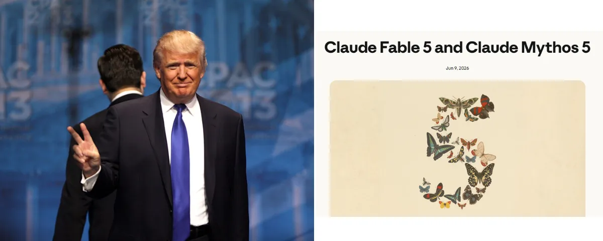 Representative pictures of U.S. President Donald Trump and Anthropic AI's Claude Fable 5 and Mythos 5 models