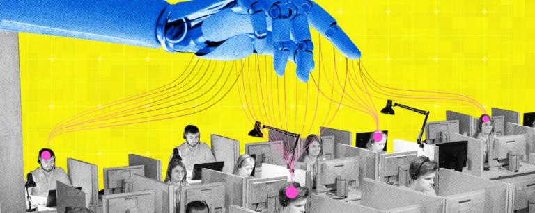 Robotic hand controlling office workers with strings.