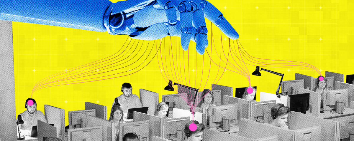 Robotic hand controlling office workers with strings.