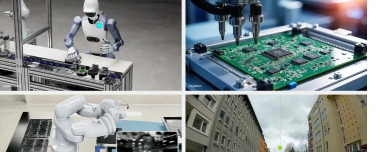 Four-panel collage showing AI-powered robotics and industrial automation, including a humanoid robot, electronics inspection, robotic arms, and an urban simulation environment. Image caption: