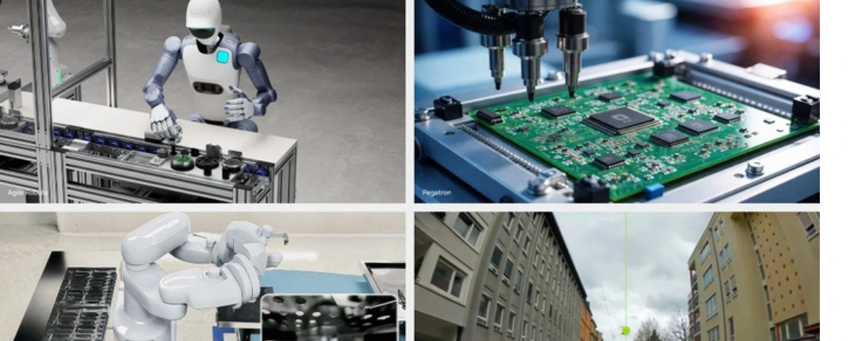 Four-panel collage showing AI-powered robotics and industrial automation, including a humanoid robot, electronics inspection, robotic arms, and an urban simulation environment. Image caption: