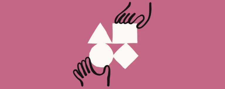 Two stylized hands arranging geometric shapes including a circle, triangle, square, and diamond against a pink background.