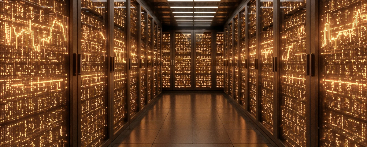 Illustration of a large-scale AI data centre with rows of illuminated server racks. Image caption: