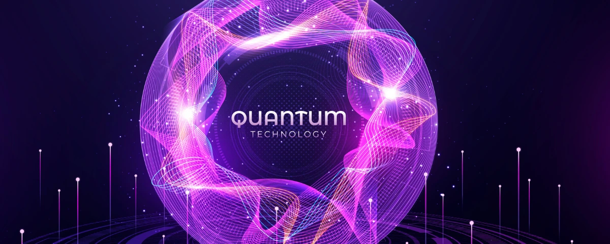 Illustration of abstract quantum technology with glowing purple waveforms and digital circuitry representing quantum computing and innovation.